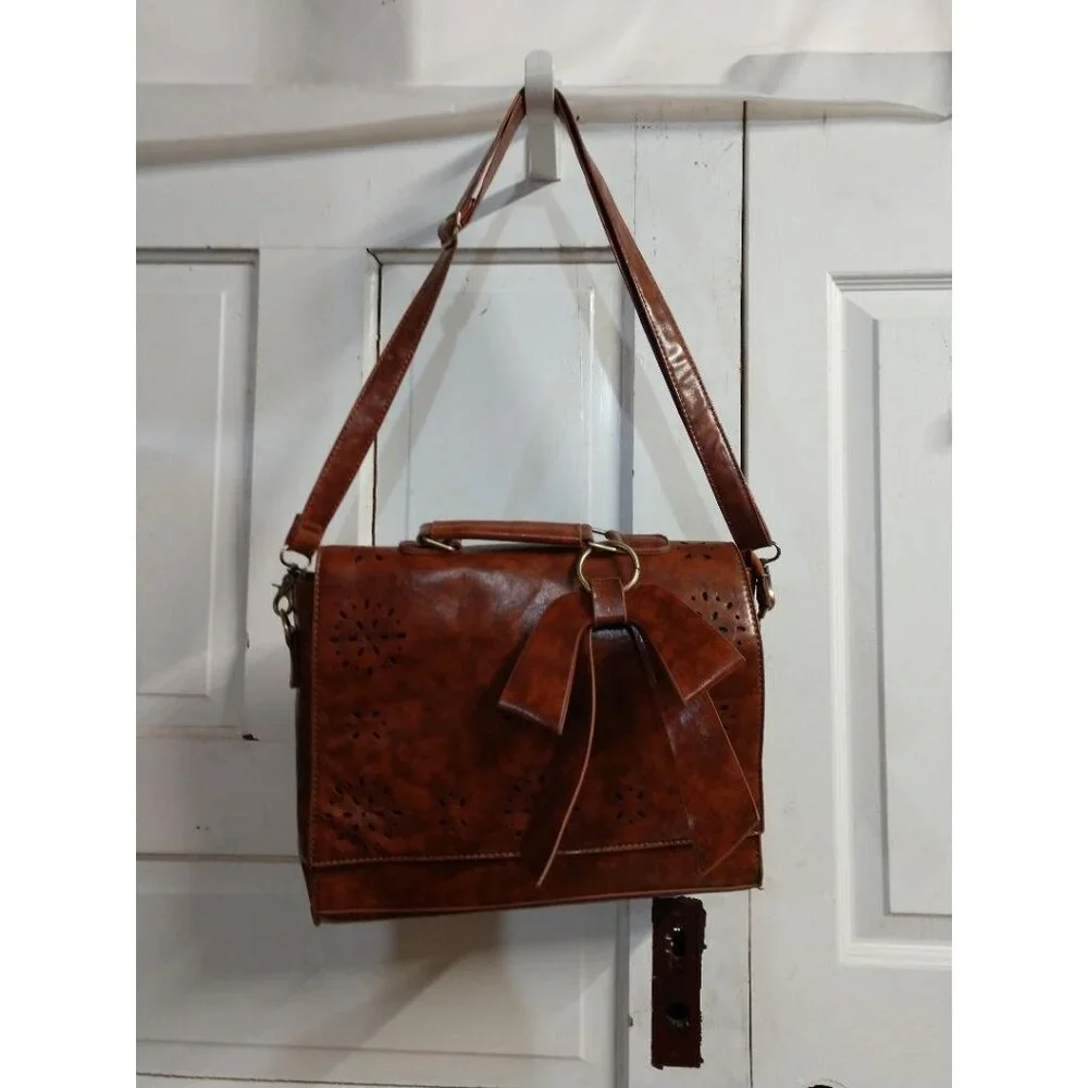 Vintage-Inspired Brown Crossbody Satchel Bag Computer Bag W/Bow Accent Ecosusi